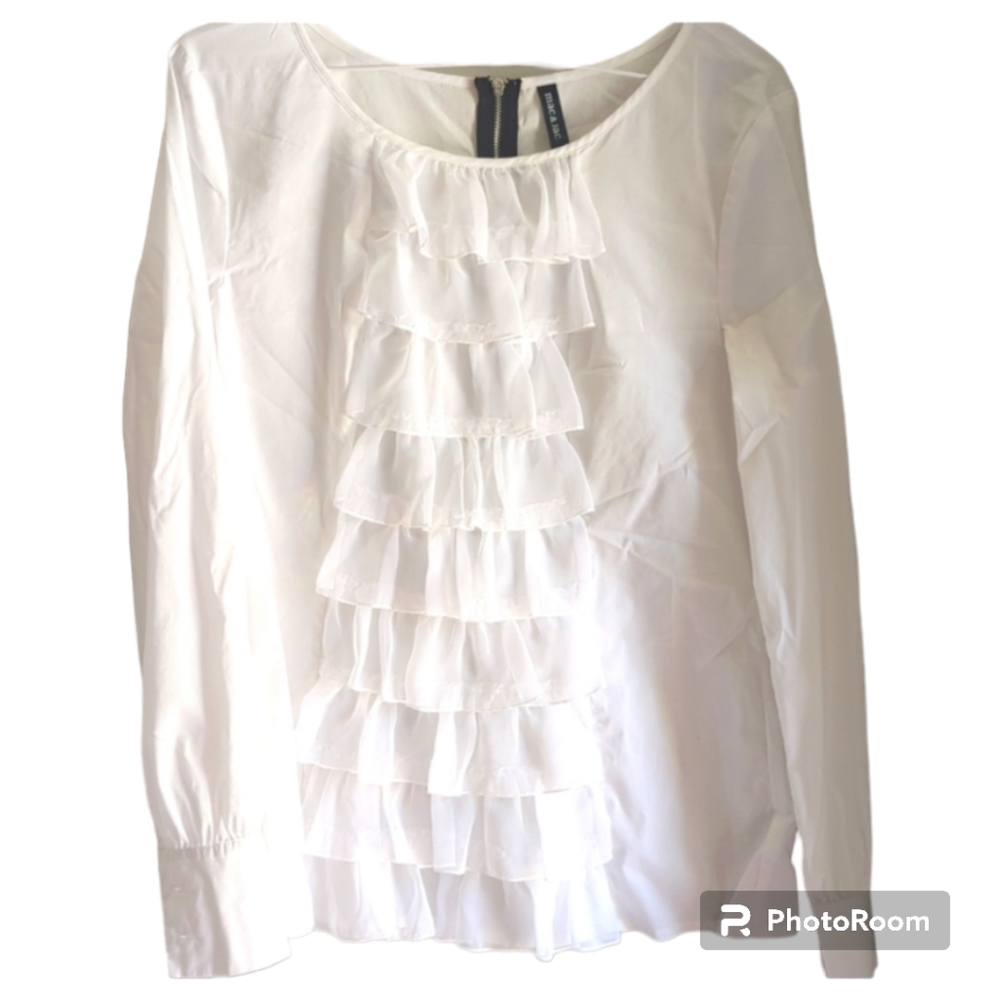 Mac & Jac Classic White Ruffle Front Blouse Medium Professional Chic